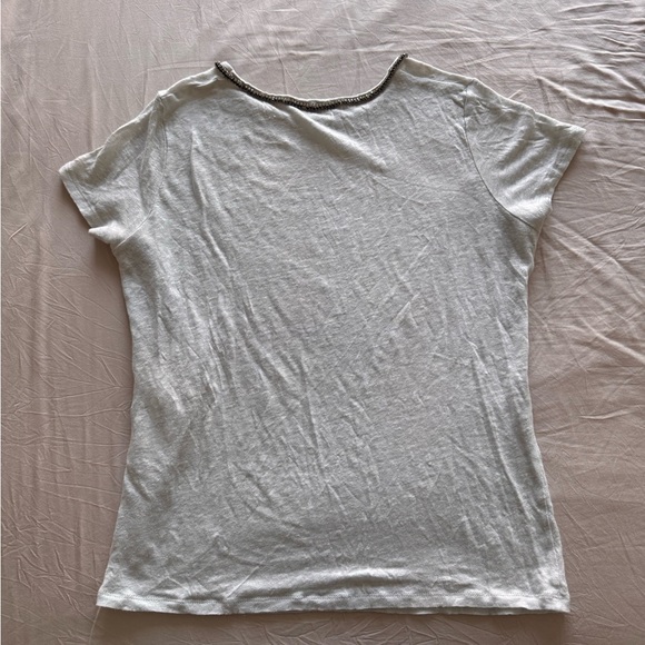 Maje Ice Blue Linen Rhinestone Embellished Tee - Size 1 S - Picture 3 of 10